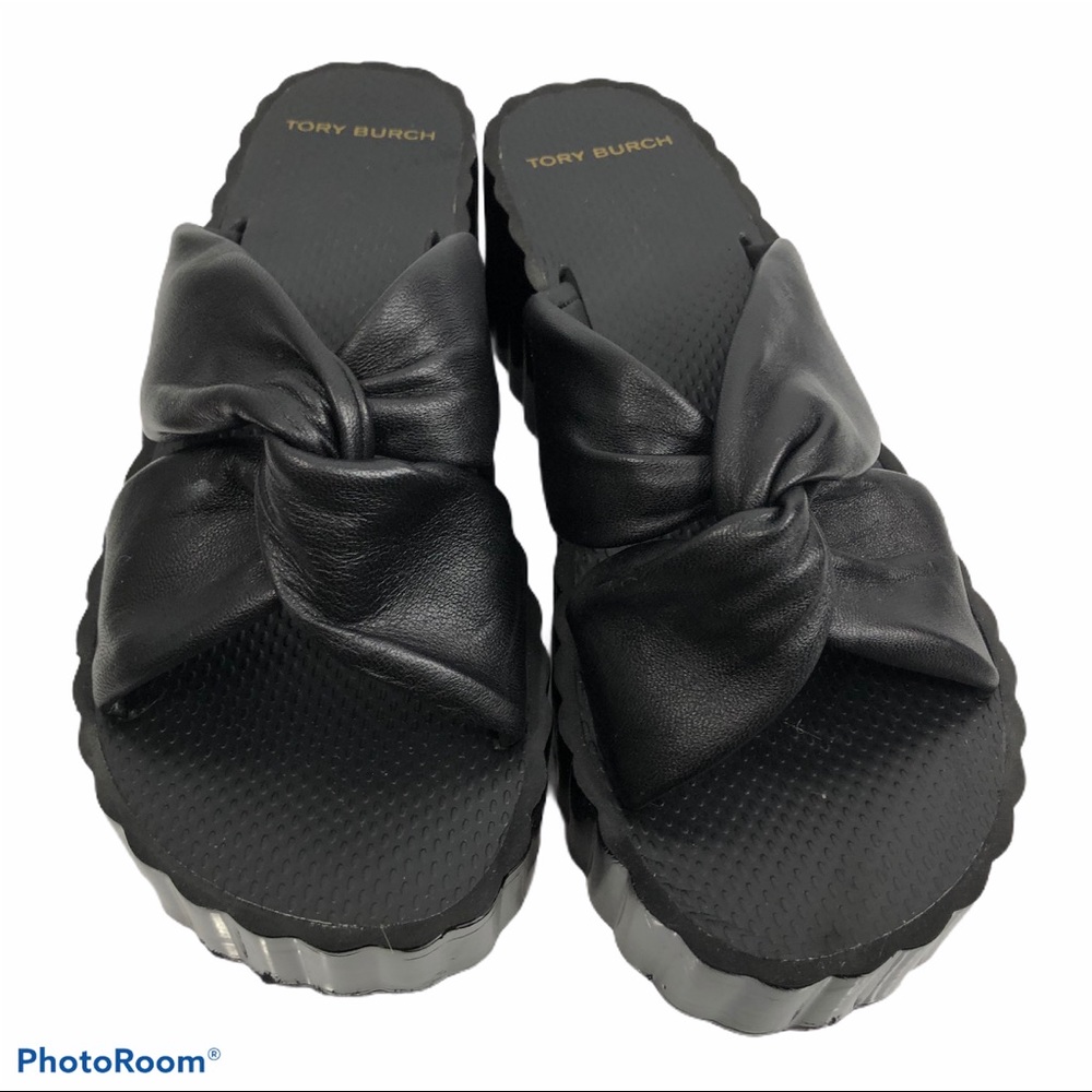 Tory Burch black leather, knotted wedge platform sandals. Size 10